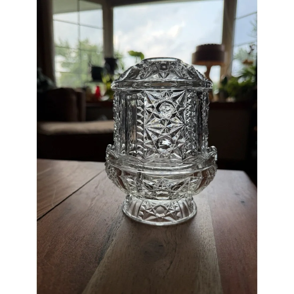 Vintage Indiana Glass Stars & Bars Clear Fairy Lamp Candle Holder MCM 6.5